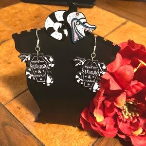 Handmade Beetlejuice Earrings I Myself Am Strange & Unusual with Sandworm Pin
